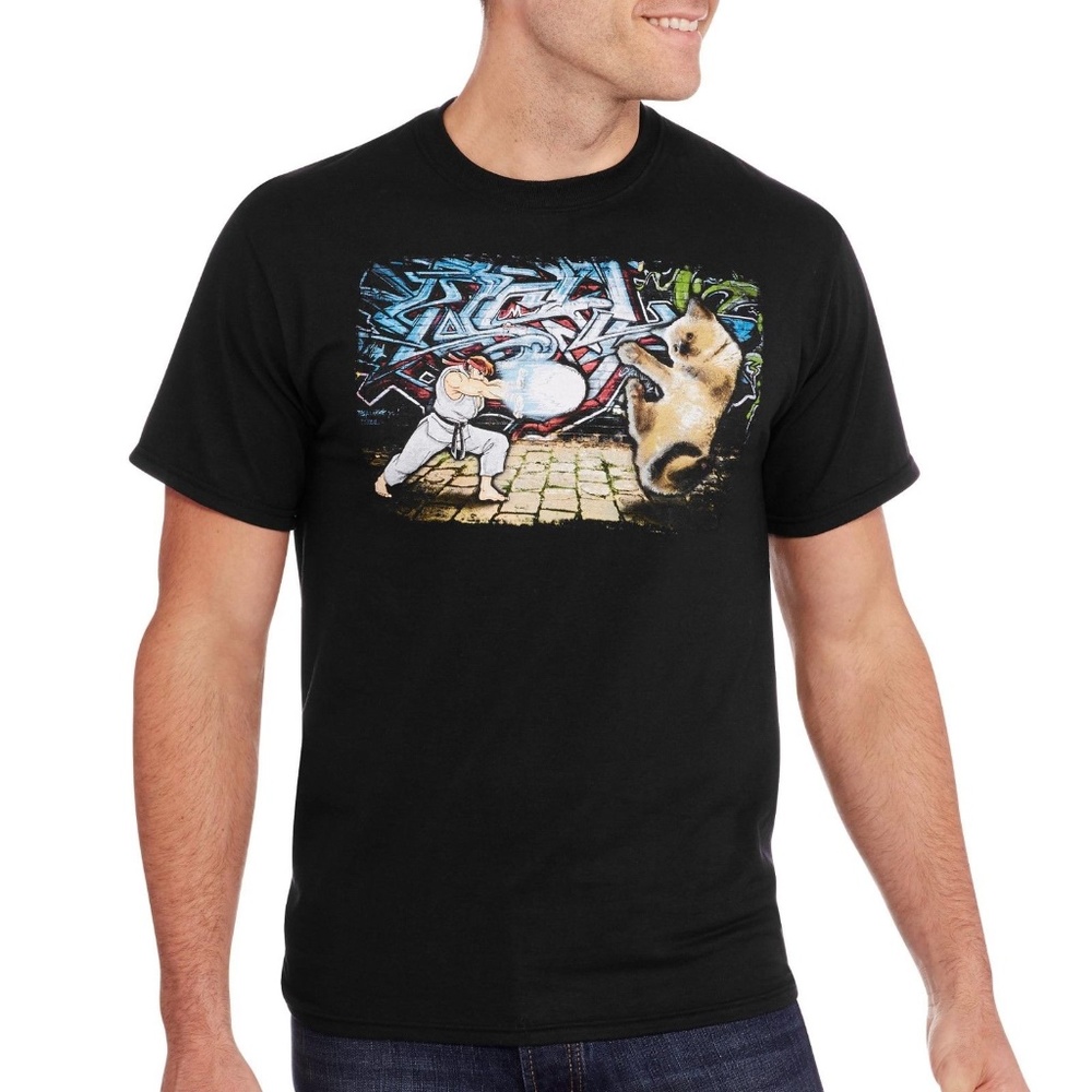 Ryu vs Cat Kitten Street Fighter T Shirt Sz L-XL